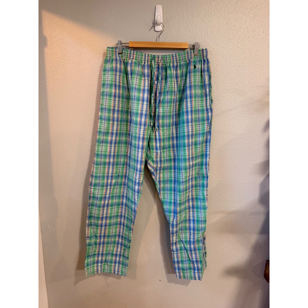 Polo Ralph Lauren Pajama Pants Men L Green Blue Plaid Cotton Sleepwear Lounge